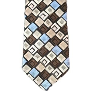 Stacy Adams Silk Tie Brown Blue Tan Geomentric Pattern Woven Jacquard